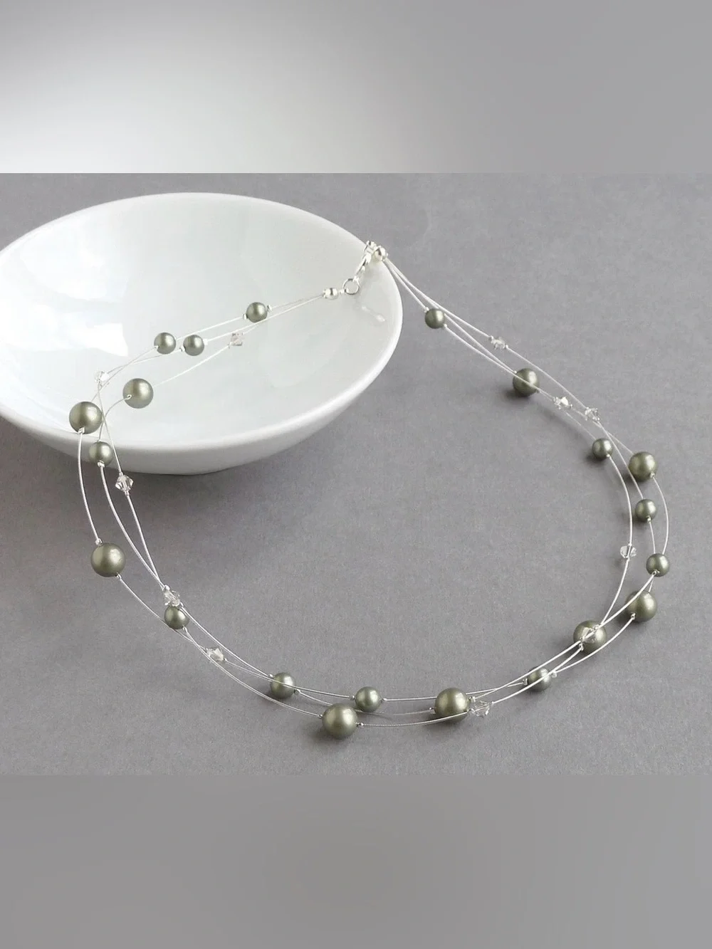 Elegant Sage/Olive Green Floating Pearl Multi-Strand Necklace